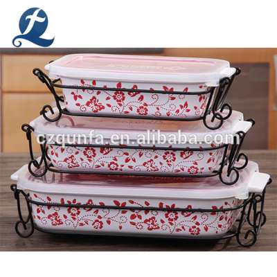 Custom Printing Color Ceramic Baking Dishes Stoneware Bakeware With Handle